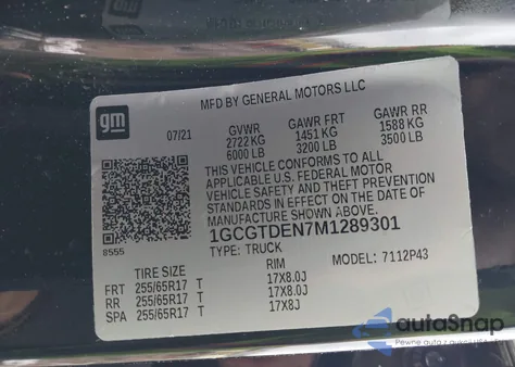 2021 Chevrolet Colorado 4Wd Short Box Z71 z USA, uszkodzony, nr VIN 1GCGTDEN7M1289301